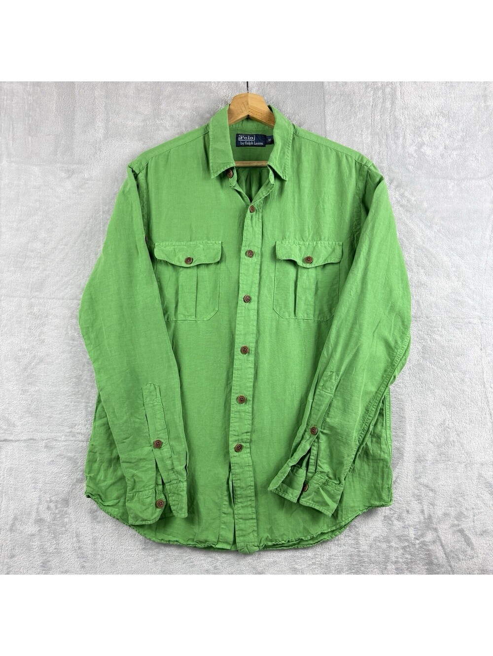 Polo Ralph Lauren Button Up Shirt Size M Green Silk Linen Roll Up Luxury Causal - Picture 2 of 12